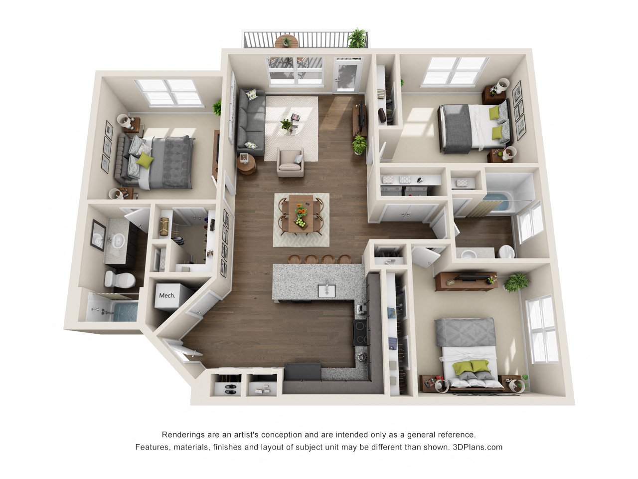 Floor plan for 3 beds, 2 baths, 1320 sqft